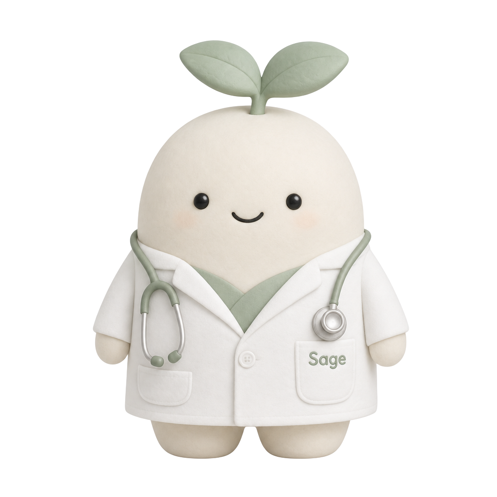 Sage, the Lifepack AI health companion mascot — a friendly sprout wearing a doctor's coat